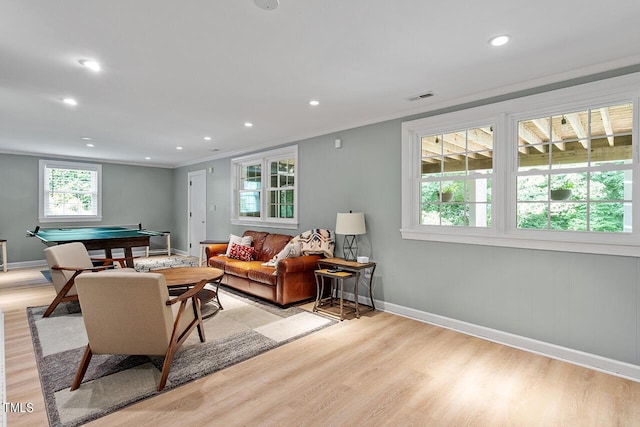 living room featuring light hardwood / wood-style floors, crown molding, and billiards