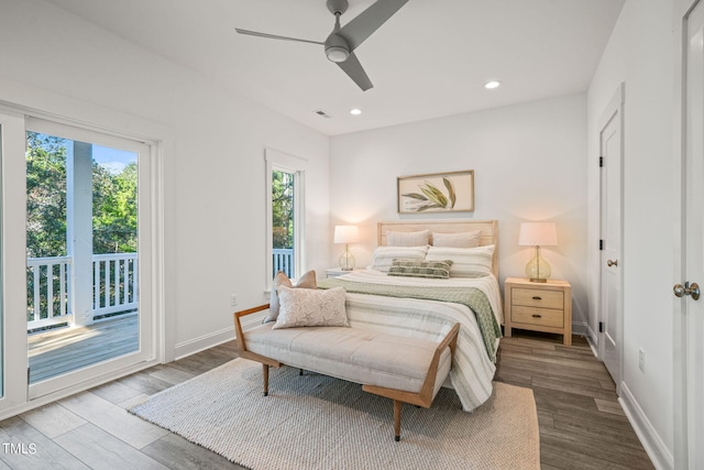 bedroom with hardwood / wood-style floors, access to outside, and ceiling fan