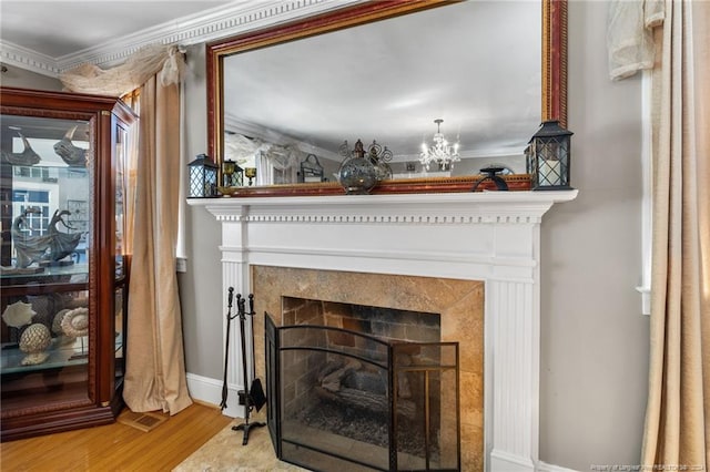 details with wood-type flooring, a fireplace, and ornamental molding