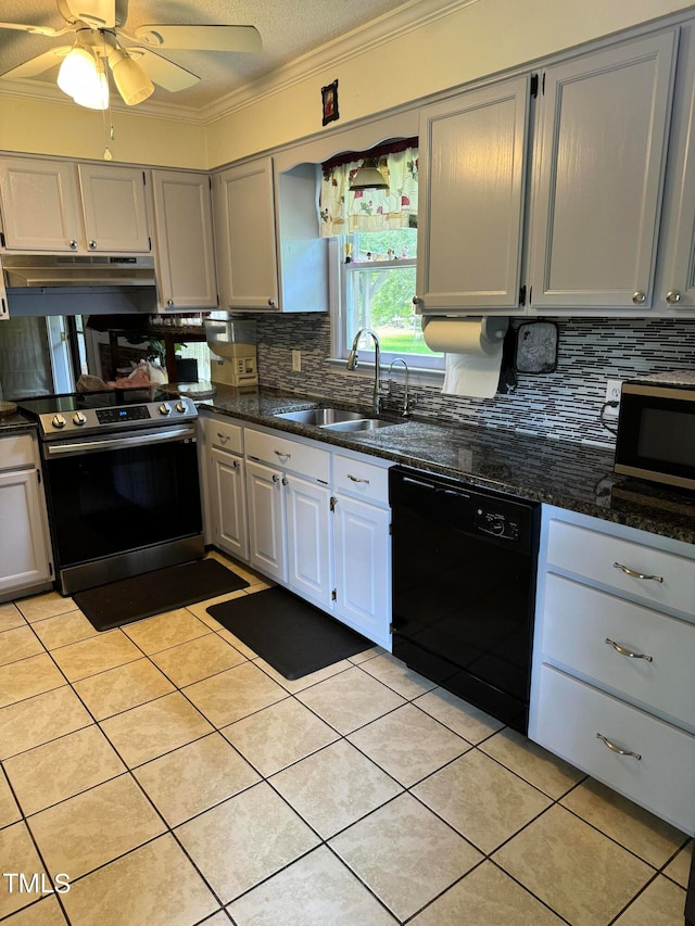 kitchen with crown molding, stainless steel electric range, sink, tasteful backsplash, and dishwasher