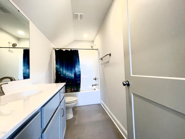 full bathroom with vanity, toilet, lofted ceiling, and shower / washtub combination