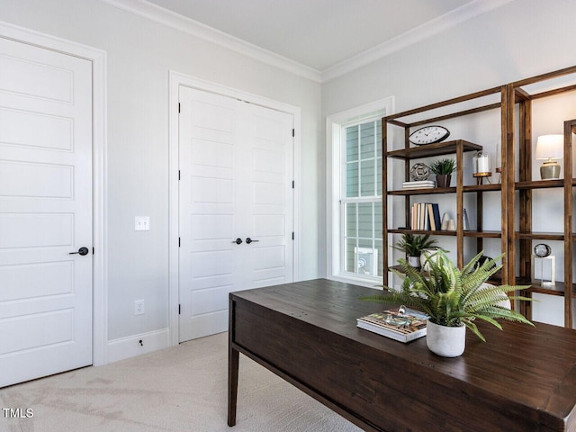 home office with light colored carpet, crown molding, and baseboards