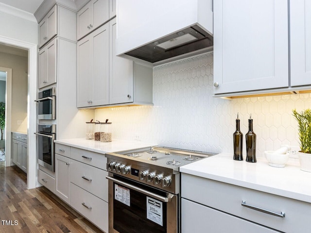 kitchen with premium range hood, dark wood finished floors, stainless steel appliances, light countertops, and decorative backsplash