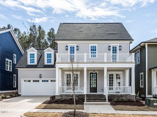 view of front of home featuring a garage, concrete driveway, a balcony, roof with shingles, and a porch