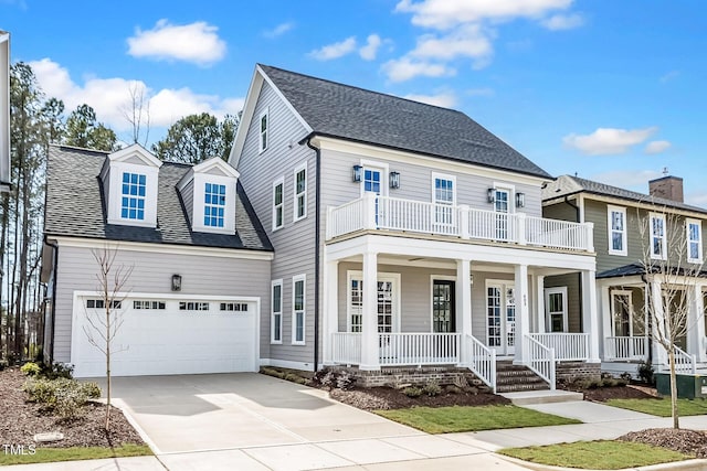 view of front of home with a shingled roof, covered porch, driveway, a balcony, and an attached garage