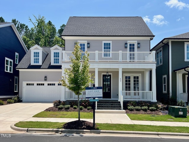 809 St Charles St, Durham, NC 27713 - view of front of property featuring a porch, a balcony, an attached garage, driveway, and a shingled roof