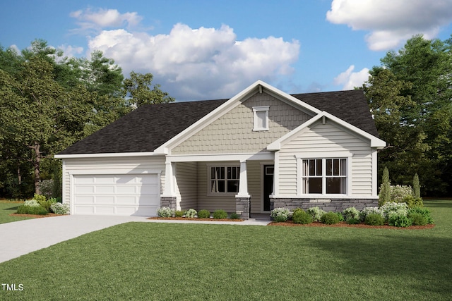 craftsman-style house featuring stone siding, an attached garage, concrete driveway, and a front lawn