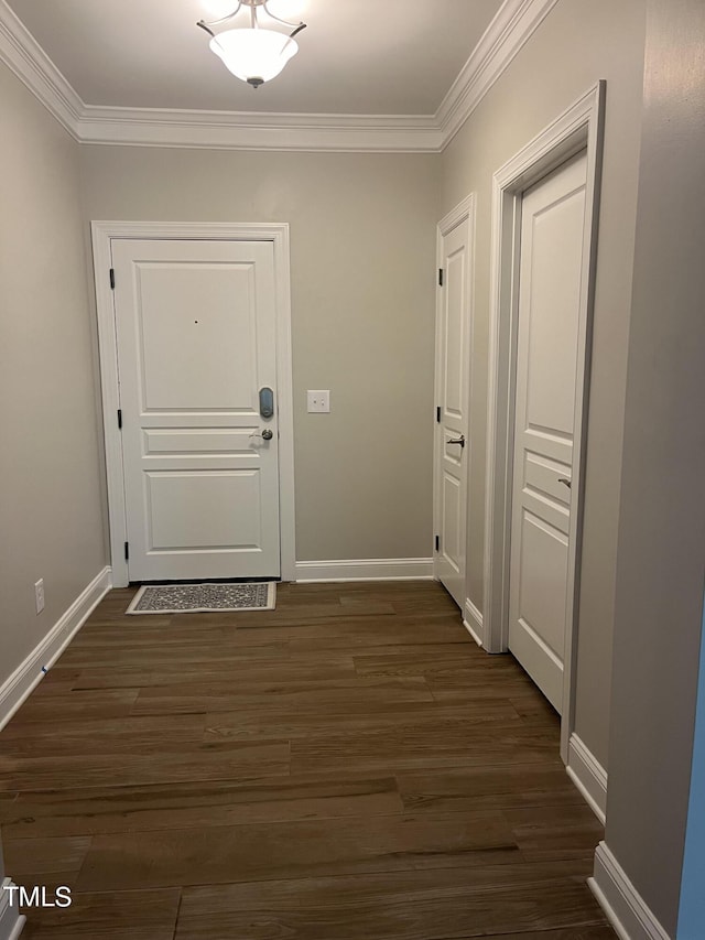 doorway to outside featuring dark hardwood / wood-style flooring and crown molding