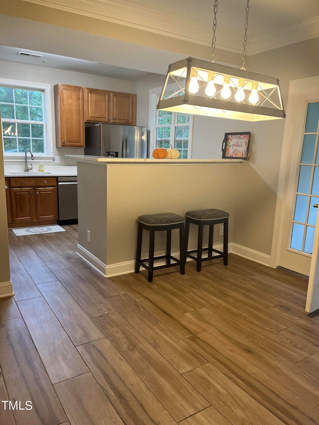 kitchen with appliances with stainless steel finishes, a breakfast bar, sink, dark hardwood / wood-style floors, and hanging light fixtures