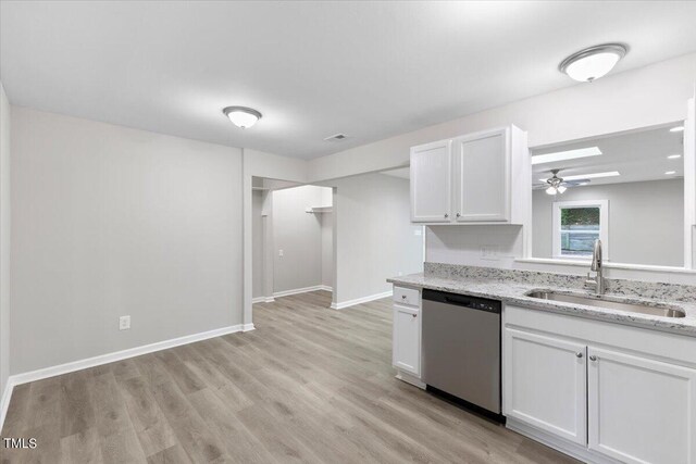 kitchen featuring sink, white cabinetry, stainless steel dishwasher, and light wood-type flooring