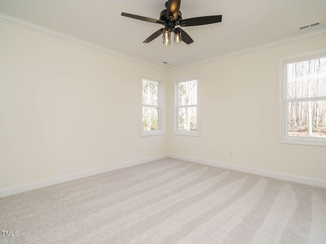 unfurnished room with ceiling fan, carpet, and crown molding