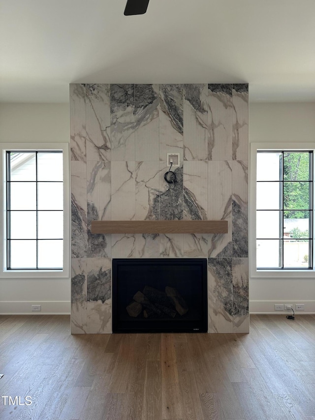interior details with baseboards, wood finished floors, and a fireplace