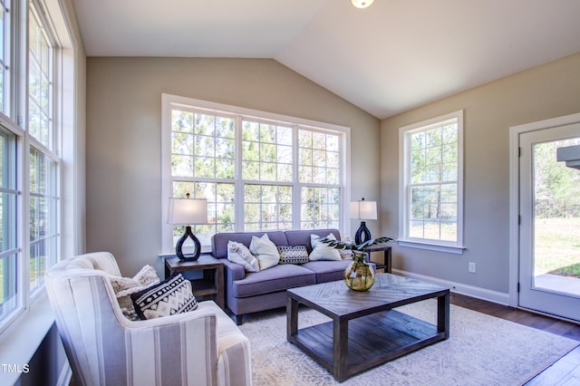 living room with baseboards, lofted ceiling, and wood finished floors