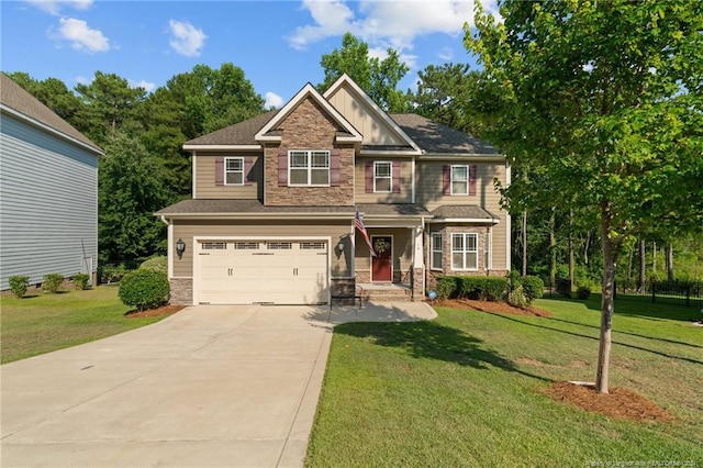 craftsman inspired home with concrete driveway, stone siding, a garage, and a front lawn