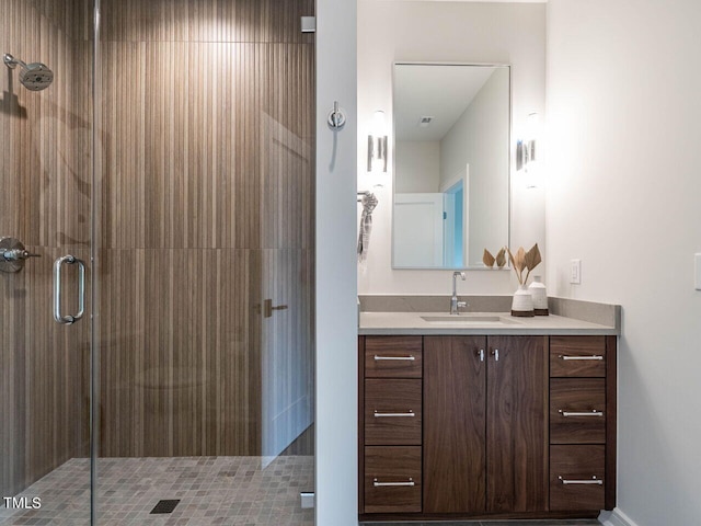 bathroom featuring vanity and a shower with door