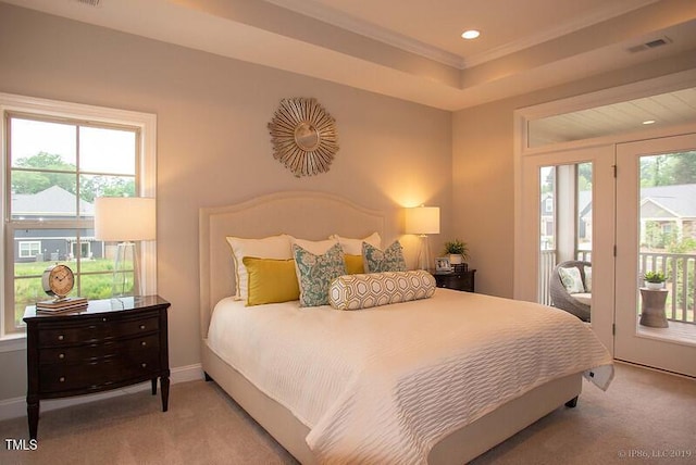 1005 Bridgeforth Ln, Durham, NC 27713 - bedroom with light carpet, access to outside, crown molding, recessed lighting, and a raised ceiling