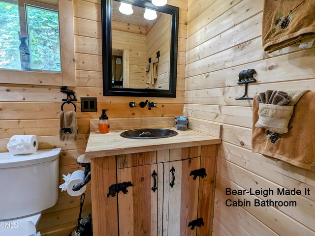 bathroom featuring wood walls, vanity, and toilet