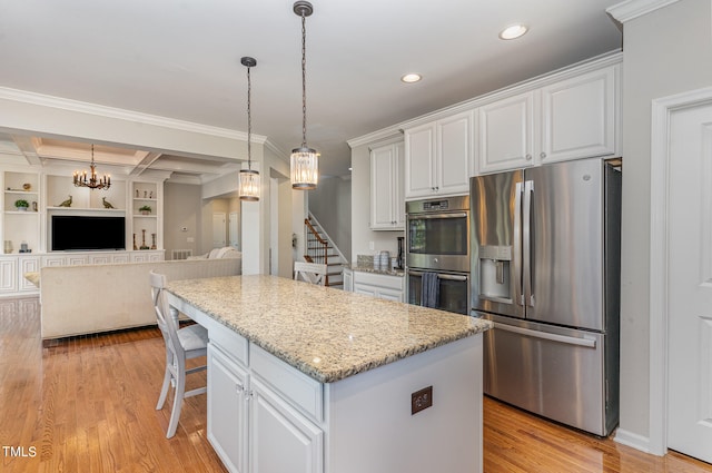 kitchen with light hardwood / wood-style flooring, crown molding, stainless steel appliances, coffered ceiling, and white cabinets