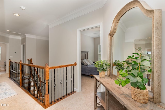 1329 Endgame Ct, Wake Forest, NC 27587 - hall featuring an upstairs landing, carpet, crown molding, recessed lighting, and baseboards