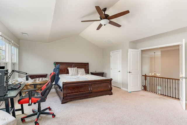 1329 Endgame Ct, Wake Forest, NC 27587 - bedroom featuring a chandelier, light carpet, vaulted ceiling, ceiling fan, and baseboards