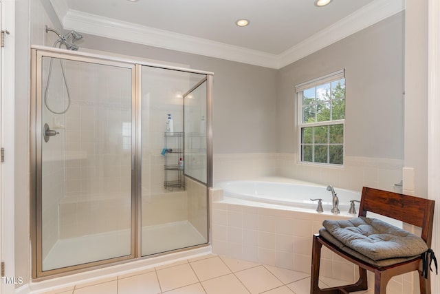1329 Endgame Ct, Wake Forest, NC 27587 - bathroom with a bath, a stall shower, tile patterned floors, ornamental molding, and recessed lighting