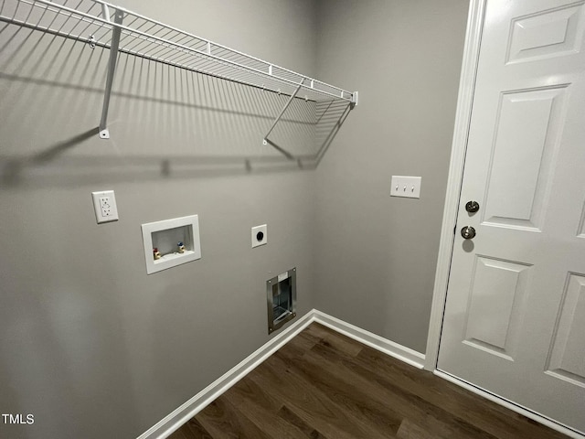 laundry room featuring baseboards, dark wood finished floors, electric dryer hookup, laundry area, and washer hookup