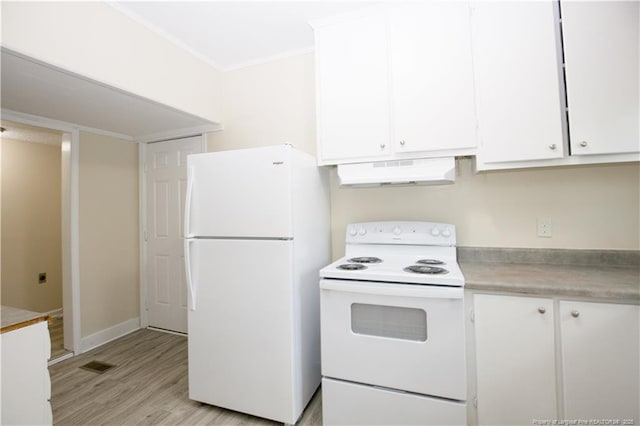 kitchen featuring light wood-type flooring, white appliances, light countertops, white cabinets, and under cabinet range hood