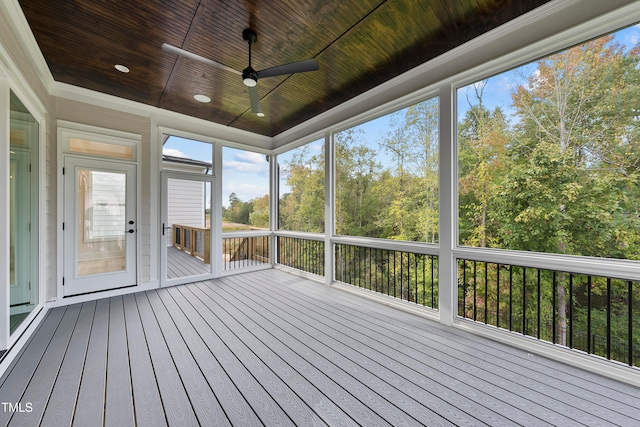 unfurnished sunroom featuring ceiling fan and wooden ceiling