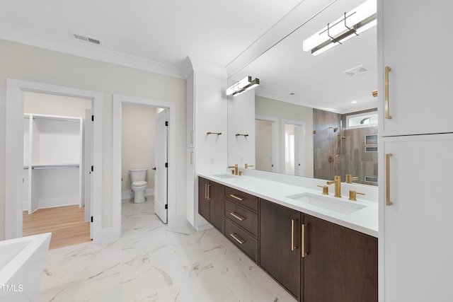 bathroom with walk in shower, ornamental molding, toilet, and vanity