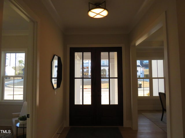 foyer with plenty of natural light, french doors, and wood-type flooring