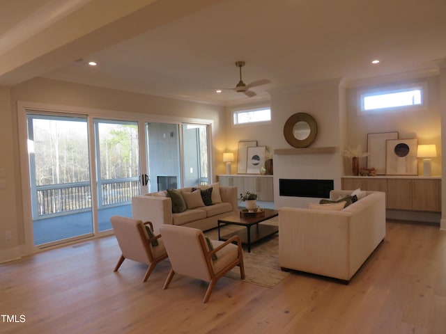 living room with ceiling fan and light hardwood / wood-style floors