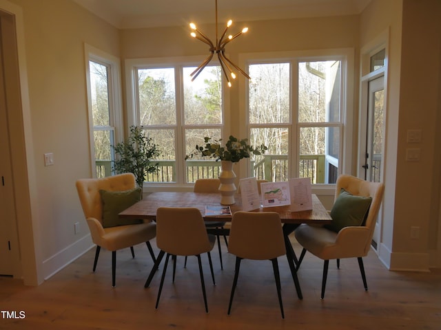 dining room featuring wood-type flooring and a chandelier