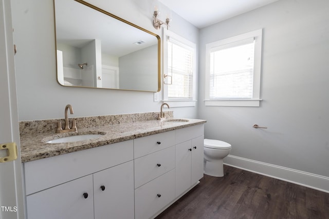 bathroom with vanity, wood-type flooring, and toilet