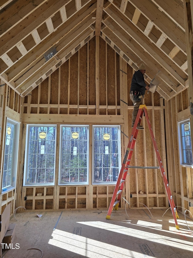 miscellaneous room with high vaulted ceiling