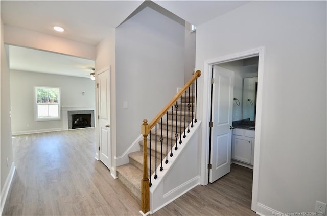 staircase with hardwood / wood-style floors