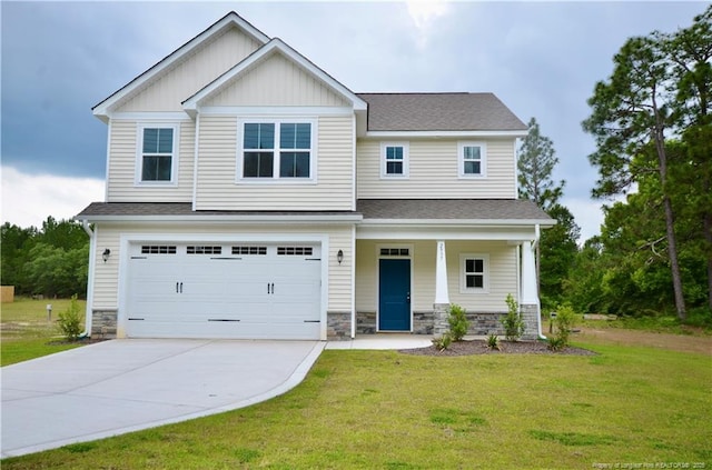 2937 Lemuel Black Rd, Bunnlevel, NC 28323 - craftsman house with a front lawn, concrete driveway, and stone siding