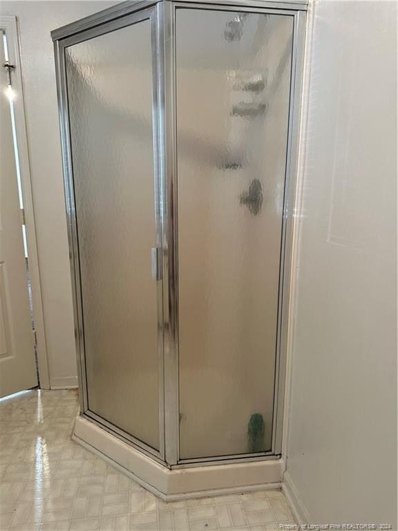 bathroom with a shower with door