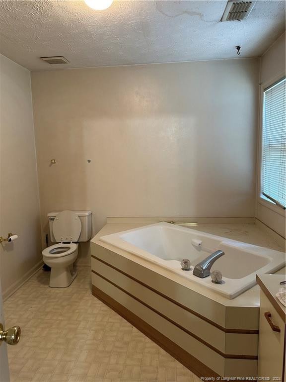 bathroom featuring vanity, a textured ceiling, toilet, and plenty of natural light