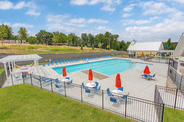 view of pool with a patio area and a lawn