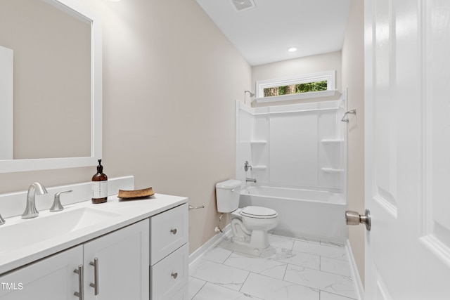 full bathroom featuring vanity, toilet, and  shower combination