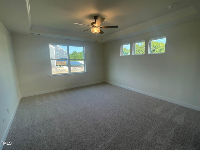 carpeted spare room with ceiling fan, crown molding, and a tray ceiling