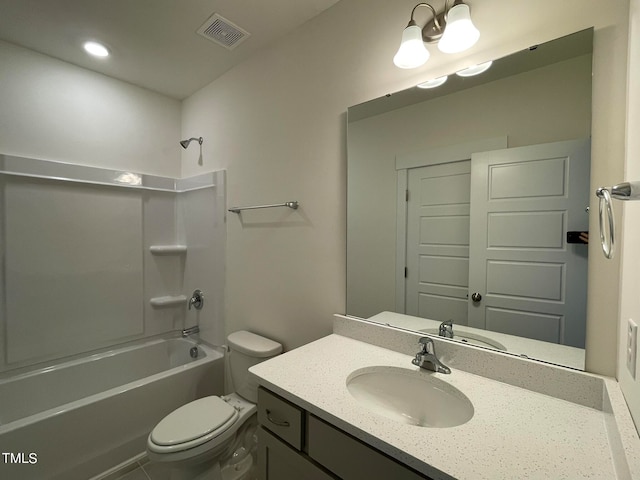 full bathroom featuring shower / tub combination, vanity, and toilet