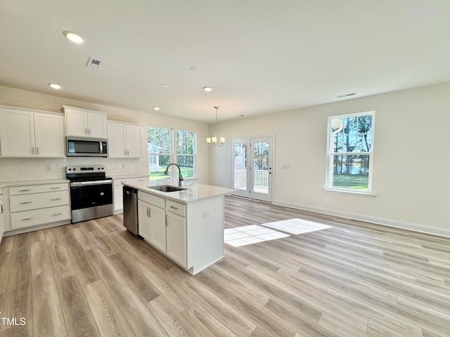 kitchen with stainless steel appliances, sink, pendant lighting, a center island with sink, and white cabinets