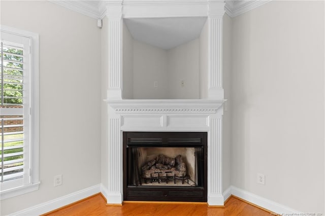 interior details featuring a fireplace, hardwood / wood-style flooring, and ornamental molding