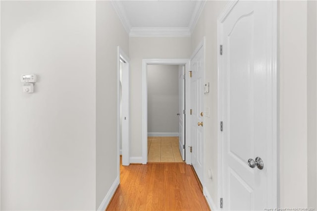 hallway featuring light wood-type flooring and ornamental molding