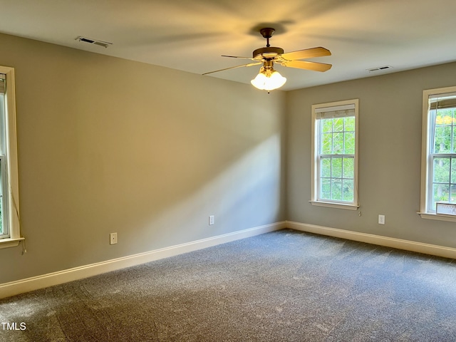 spare room featuring carpet flooring, a wealth of natural light, and ceiling fan