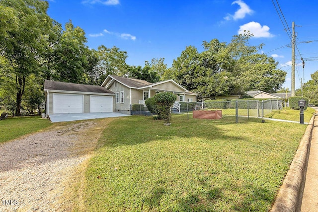 view of front of home with a garage, an outdoor structure, and a front yard