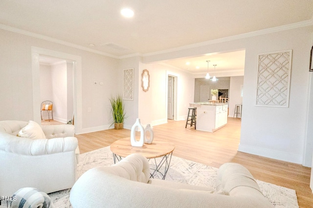 living room with crown molding and light hardwood / wood-style floors