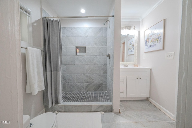 bathroom featuring vanity, curtained shower, ornamental molding, and toilet