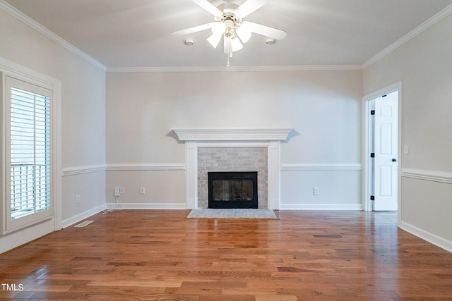 unfurnished living room featuring ceiling fan, hardwood / wood-style floors, and crown molding